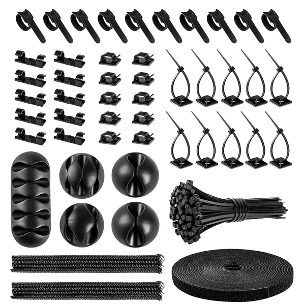 Cord Management Organizer Kit 2 kabelmouw split met 41zelfklevende kabelclips houder, 10 stuks en 2 rol zelfklevende stropdas en 100 bevestigende kabelbinders voor tv kantoor thuis elektronica enz