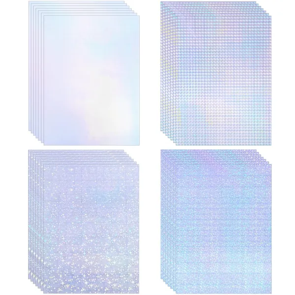 24 Sheets Transparent Holographic Overlay Lamination Self Adhesive Vinyl for Stickers A4 Size Chrome Sheets 4 Styles Glossy Craft,8.3 x 11.7 inch