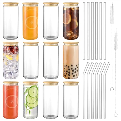 Glass Cups with Lids and Straws 20oz, 12psc Glass Drinking Set, Beer Can Cups with Bamboo Lids, Tumbler Cup with Straw for Ice Coffee, Cocktail, Whiskey, Soda Boba Tea -2 Cleaning Brushes. - 20 OZ Drinking Glasses
