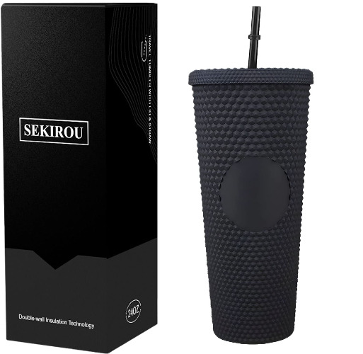 Matte Studded Double Wall Water Tumbler with Straw and Leak Proof Lid, 24OZ Reusable Iced Coffee Custom Cup Personalized (Black)