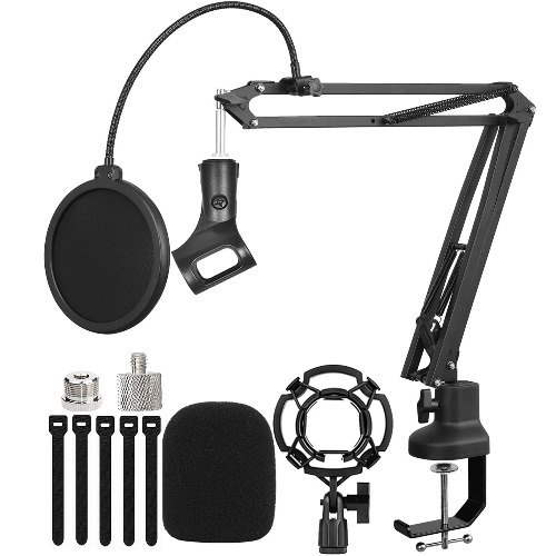 Luling Arts Boom Arm Suspension Mic Boom Arm Heavy Duty Microphone Arm for Blue Yeti, Hyperx Quadcast, Adjustable Boom Mic Stand Desk with Pop Filter, 1/4“-3/8“-5/8“ Adapter, Mic Mounts,Broadcast