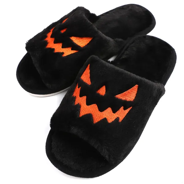 Halloween Jack O Lantern Pumpkin Slippers Soft Plush Cozy Open Toe Women Indoor or Outdoor Fuzzy Slippers Gifts For Girls Ladies Women Girlfriend - 9-10 Black