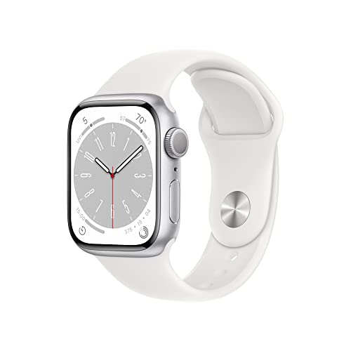 Apple Watch Series 8 [GPS 41mm] Smart Watch w/Silver Aluminum Case with White Sport Band - M/L. Fitness Tracker, Blood Oxygen & ECG Apps, Always-On Retina Display, Water Resistant - 41mm M/L - fits 150–200mm wrists - 41mm - Silver Aluminium Case w White Sport Band