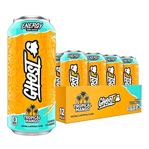 GHOST ENERGY Sugar-Free Energy Drink - 12-Pack, Tropical Mango, 16oz Cans - Energy & Focus & No Artificial Colors - 200mg of Natural Caffeine, L-Carnitine & Taurine - Gluten-Free & Vegan - Tropical Mango