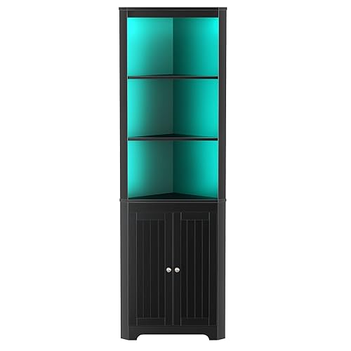 Rolanstar Corner Shelf with LED Light, 5-Tier Corner Cabinet with Door, Black Corner Bookshelf, Tall Corner Storage, 66.9" Corner Stand Display Shelf for Living Room, Home Office, Small Space - Black