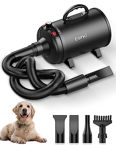 EGFKI Dog Dryer, 5.2HP/ 3800W Pet Grooming High Velocity Force Blower with 4 Nozzles, Adjustable Speed and Temperature Dog Hair Dryers for Grooming - Dark Black
