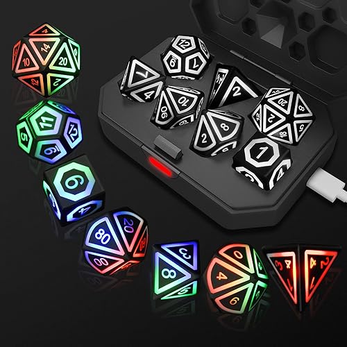 EXCECAR Rechargable DND Dice Set, Light Up Dice, 7 PCS Glowing Balanced LED Dice Electronic Dices, D&D Dice, Polyhedral Dice Set RPG Role Playing Table Game - Red-blue-green Light
