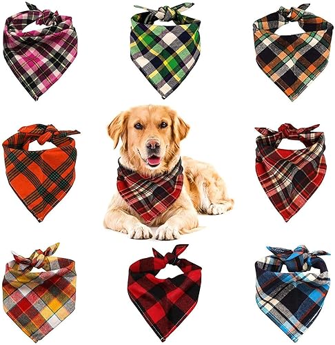 VIPITH 8 Pack Triangle Dog Bandanas, Reversible Plaid Painting Bibs Scarf, Washable Christmas Dog Bandanas Dog Apparel & Accessories Kerchief Set - Large(60cm)
