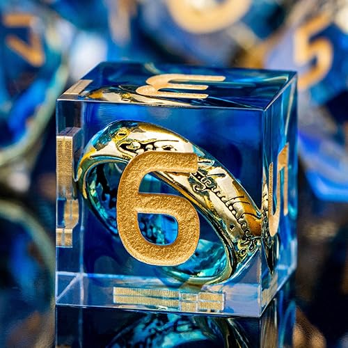 ORIFANTOU Lord of The Rings DND Dice Resin Sharp Edge Dice, Blue D and D Polyhedral Dice Set for Dungeons and Dragons RPG Role Playing Games, LOTR Magic D&D Dice with Box D20 D12 D10 D8 D6 D4 - Ring - Blue-1