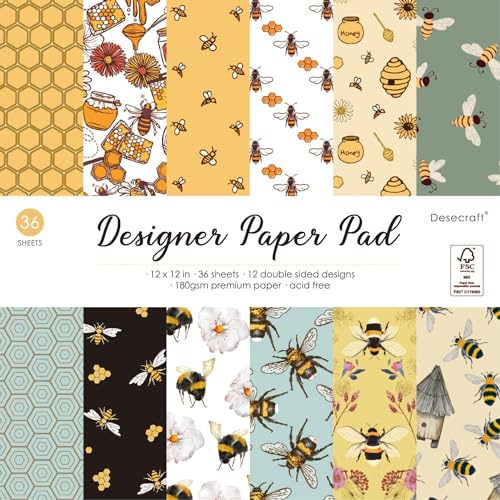 Desecraft Bee and Beehive 12x12 Paper Pad Pack Scrapbook Cardstock Decorative Paper for Card Making Journaling Planner Origami Scrapbook Paper Scrapbooking Supplies