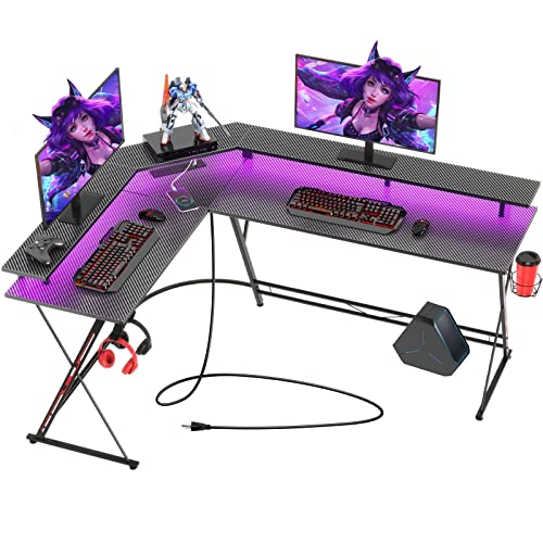 SEVEN WARRIOR L Shaped Gaming Desk with LED Lights & Power Outlets, 58” Computer Desk with Monitor Stand & Carbon Fiber Surface, Corner Desk with Cup Holder, Gaming Table with Hooks, Black - Black - 58 INCH