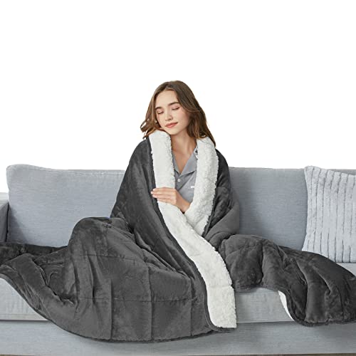CYMULA Flannel Weighted Blanket Adult: 60×80inch Sherpa Fleece Heavy Blanket - Breathable Soft Blanket 15lbs Queen Size - Snuggly Bed Blankets with Glass Beads- Light Grey - Dark Grey 60" x 80" 15lbs
