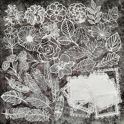 Japleed 40pcs Lace Scrapbooking Supplies Cutout Scrapbook Paper Flower Leaves Feather Frame White Vintage Journaling Supplies Decorative Paper for Junk Jounal Planner Handmade Card Gift Wraps Craft - 40pcs Floral Lace Paper