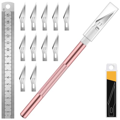 DIYSELF 1 Pcs Craft Hobby Knife Exacto Knife with 11 Pcs Stainless Steel Blade Kit, 1pcs Steel 15CM Ruler for Art, Scrapbooking, Stencil (Pink) - Rose Gold