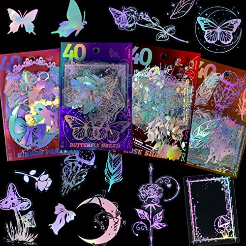 Holographic Glitter Stickers Set -160 Pcs with 4 Themes - Transparent Resin Stickers, Butterfly, Flower, Mushroom, Frame Lace Vintage Scrapbook Stickers Pack - for Laptop Phone Case Water Bottles - 160pcs - 4 Themes