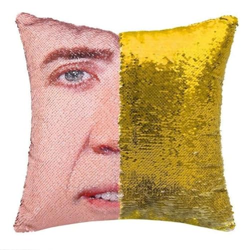 LydeLog Nicolas Cage Pillow Covers Sequin Pillow Cases Funny Gag Gifts Reversible Sequin Pillow Cover Decorative Throw Cushion Case 16 x 16 Inches (Gold) - Gold