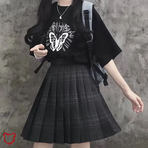 'Black Grunge Plaid Skirt - No Regrets' - Skirt and cravat / L