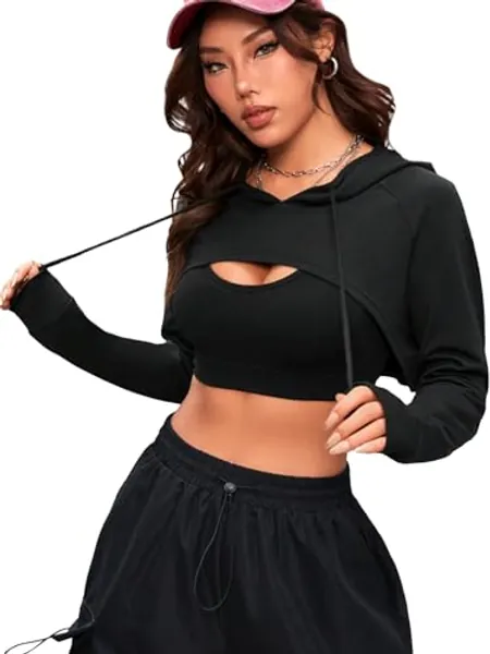 COZYEASE Women's Cropped Sports Sweatshirt Hollow Out Crop Tops Drop Shoulder Drawstring Pullover Cropped Hoodie - Large - Black Solid