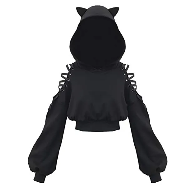 YANOOLH Women Cat Ear Hoodies Long Sleeve Off Shoulder Cute Crop Top Pullover Hoodie Sweatshirt - Large - Black
