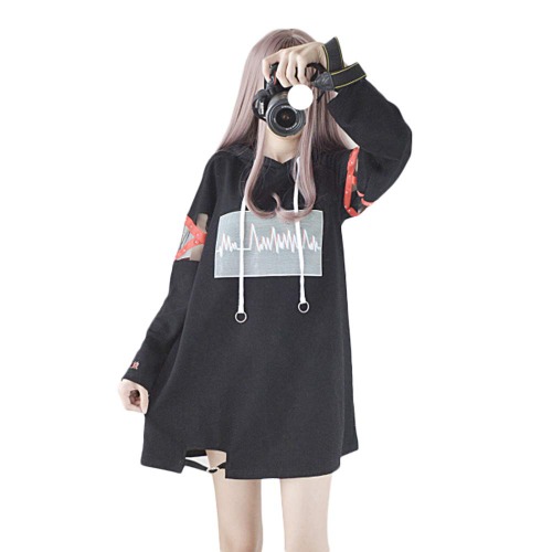 Himifashion Harajuku dameshoodie, zwart, met capuchon, lang, katoenen jurk, voor dames - L