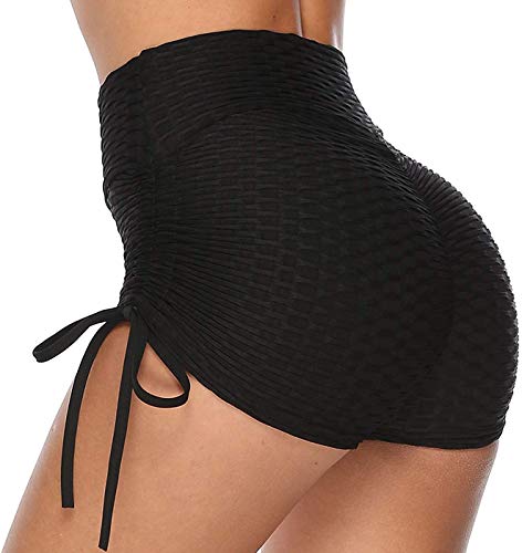SEASUM Women Workout Shorts Brazilian Textured Booty Leggings Shorts Anti-Cellulite Scrunch Butt Lift - #2 Honeycomb Texture Black Tie - Medium