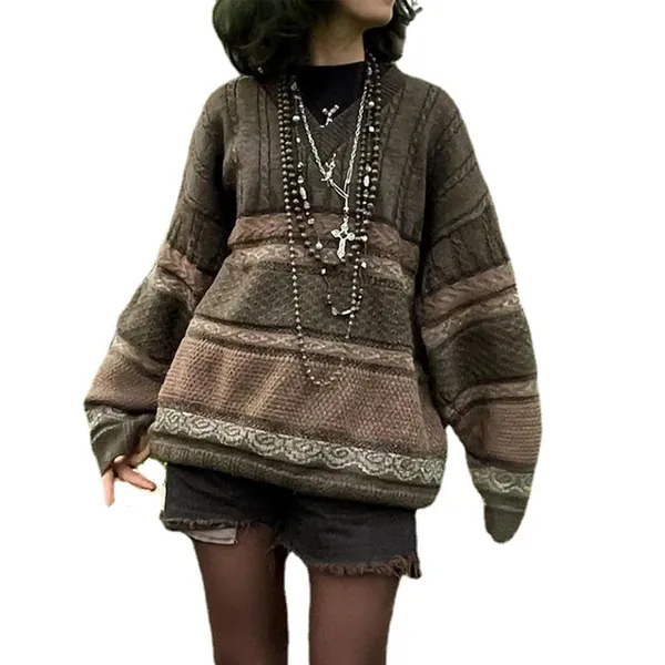 SMIMGO Tröja med rutigt mönster/argylemönster, stickad jumper i Y2K-stil, överdimensionerad tröja i vintagestil, brun v-ringad pullover, estetiska kläder för kvinnor - L - Kaffe