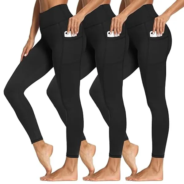 3 Packs Leggings with Pockets for Women, Soft High Waisted Tummy Control Workout Yoga Pants - 26inch - Large-X-Large - 3 Pack Black,black,black