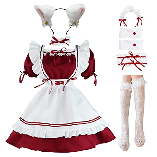 LISANEK Maid Outfit Anime Cosplay Lolita Maid Dress French Maid Costume Plush cat ear Socks set - Medium - Red