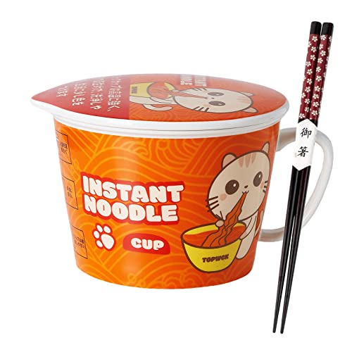 TOPWCK 34oz Large Microwavable Ceramic Ramen Bowl with Lid, Handle, Chopsticks, Cute Anime Japanese Instant Noodle Cooker Soup Bowl, Gift for Teens Kids (Cat) - Cat