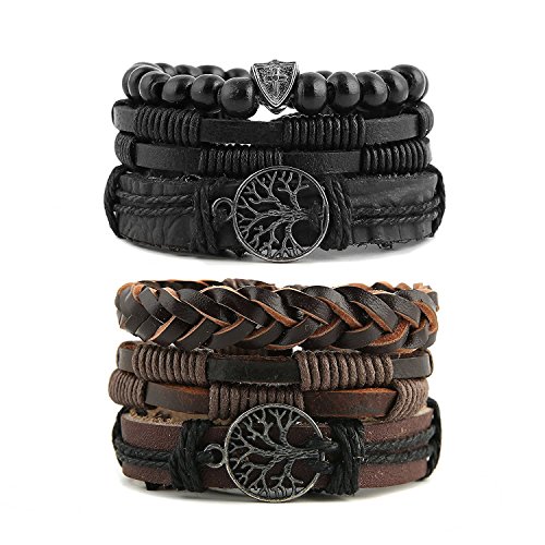 HZMAN Genuine Leather Tree of life Bracelets Men Women, Tiger Eye Natural Stone Lava Rock Beads Ethnic Tribal Elastic Bracelets Wristbands - Classic Set