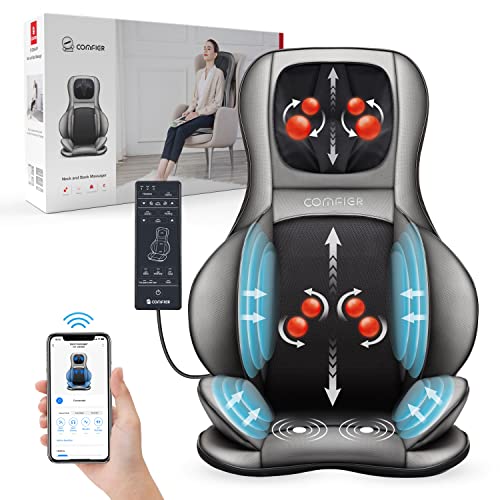 COMFIER Shiatsu Neck Back Massager with Heat and Compression, App Control 2D or 3D Deep Tissue Kneading Massage Chair Pad, Chair Massager for Full Body, Ideal Gifts for Father,Grey - Gray