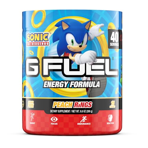 G Fuel Sonic Energy Powder, Sugar Free, Clean Caffeine Focus Supplement, Water Mix, Peach Ring Candy Flavor, Focus Amino, Vitamin + Antioxidants Blend - 9.8 oz (40 Servings)