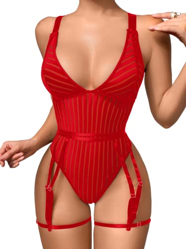 Kaei&Shi Sexy Ribbed Top,Plunge V, Snap Crotch, Leg Strap, Backless 3Pc Bodysuit - Red - 4-6