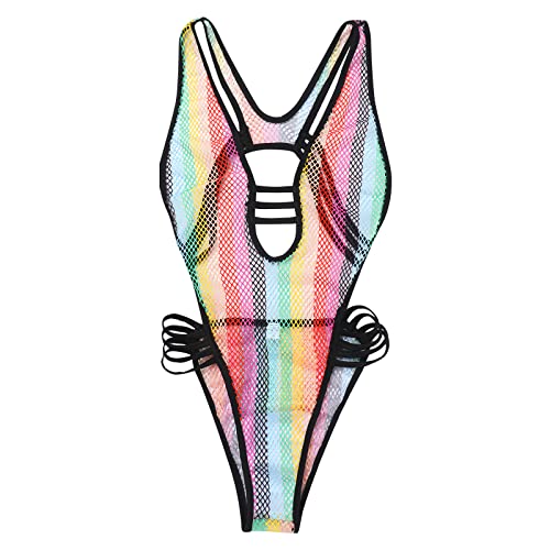 ABAFIP Women Rave Rainbow Striped Fishnet Bikini Cover up Sleeveless Halter Bodysuit Beachwear Swimsuit - Small - Colorful Rainbow