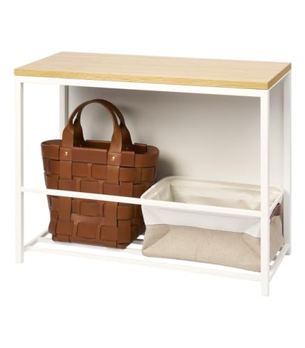 YAMAZAKI Bench Home Entryway Shelf Rack for Slippers Shoes Boots or Bags, Metal Entrance Mudroom Storage with Sturdy Wooden Top | Steel + Wood, One Size, White - White