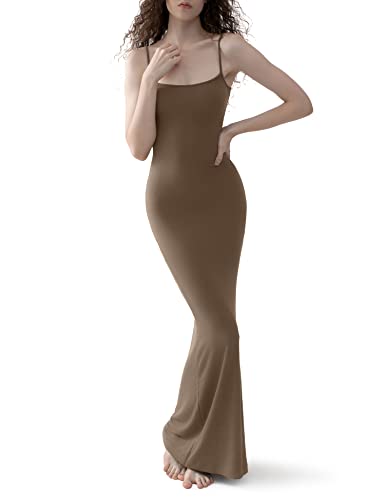PUMIEY Women's Slip Maxi Dress Sexy Ribbed Bodycon Dresses Long Dress - Hazelnut - Small