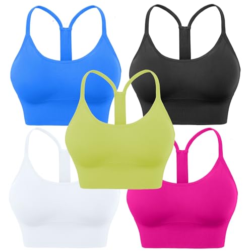 Evercute Racerback Sports Bras Padded Y Racer Back Cropped Bras for Yoga Workout Fitness Low Impact - Large - Black White Blue Rose-red Lime-green 5 Pack