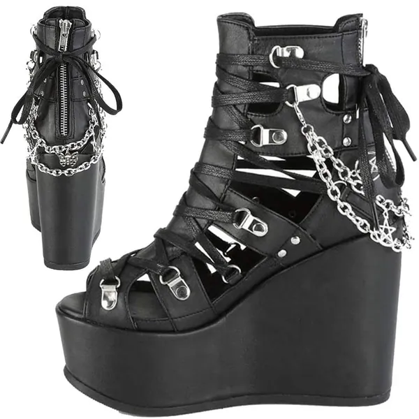 Women's Goth Wedge Sandals Ankle Strap Cutout High Heel Roman Platform Pumps Fish Mouth - 8 Gblack
