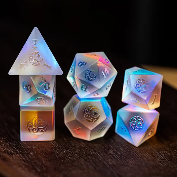 Raised Full Set Dichroic Glass Polyhedral Dice Set Gemstone DnD Dice Set  -  Dungeons and Dragons, RPG Game DND MTG Game Moon & Star