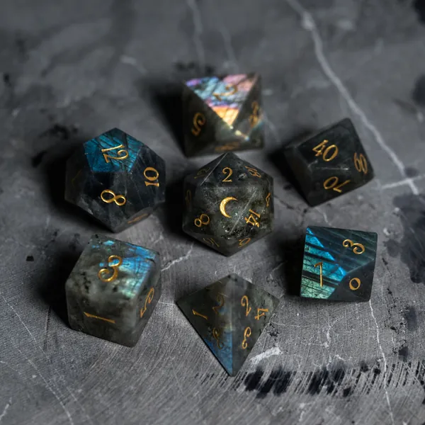 Full Set Labradorite Gemstone DnD Dice Set  - Engraved/Carving for Dungeons & Dragons, RPG Game DND MTG Game Moon Version