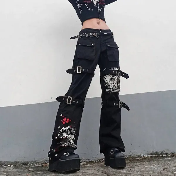 Harajuku pants /Streetwear/gothic steam punk/Cargo pants/Techwear/Alt Egirl/ Y2k fashion/High waist big pocket trousers/Buckle pants