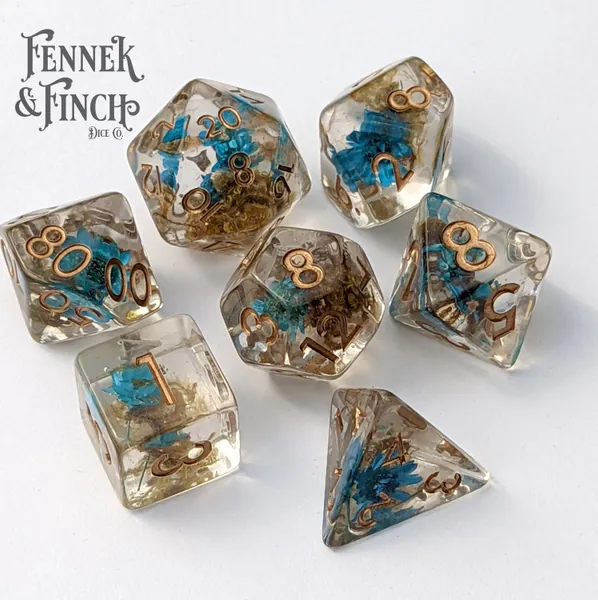 Tiny Blue Flowers and Moss DnD Dice Set, Polyhedral dice, D&D dice, Dungeons and Dragons, Table Top Role Playing. Real dried flower plants