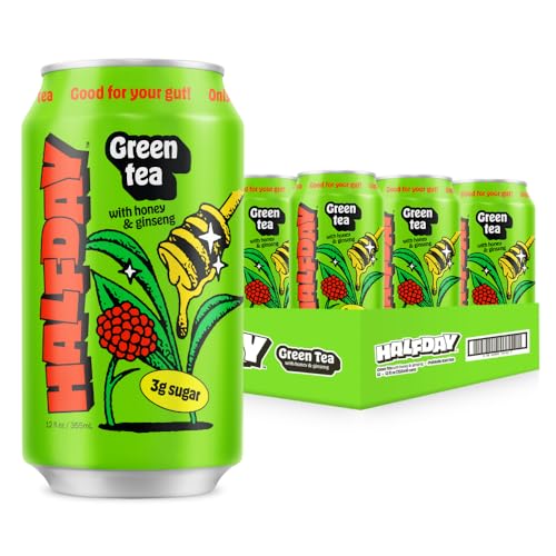 Halfday Prebiotic Green Tea with Honey and Ginseng 12-Pack - Nostalgic Flavor, Low Sugar, Incredible Taste - Paleo, Gluten Free, Drinks for Gut Health - Lightly Sweetened - Green Tea
