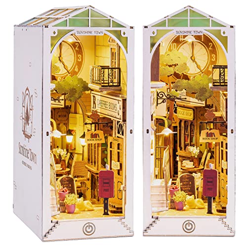 Rolife DIY Book Nook Kit 3D Wooden Puzzle, Bookshelf Indert Decor with LED DIY Bookend Diorama Dollhouse Kit Crafts Hobbies Gifts for Adults/Teens (Sunshine Town) - 0 Sunshine Town