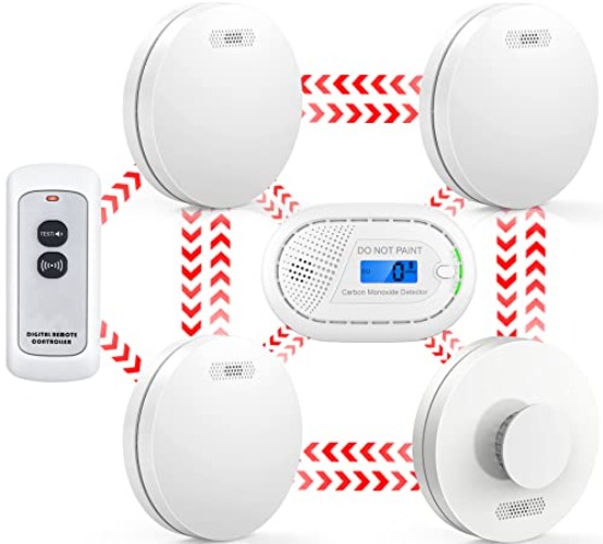 CPVAN Wireless Interlinked Smoke, Heat & Carbon Monoxide Alarm Bundle with Remote Control, Scotland & England Law Compliant, 10 Year Battery, CE & BS Certified, Pre Linked. 5 Pack