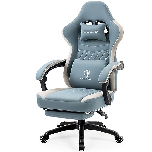 Dowinx Gaming Chair Breathable Fabric Computer Chair with Pocket Spring Cushion, Comfortable Office Chair with Gel Pad and Storage Bags, Massage Game Chair with Footrest, Blue - Blue