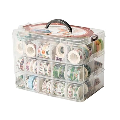 HomDSim Washi Tape Box Organizer Storage,Divider Closet Container,with 30 Adjustable Compartments,Clear,Masking Tape Desktop Tape DIY Sticker Roll Tape Cutter Holder Storage,Finger Safty Dispenser - Transparent