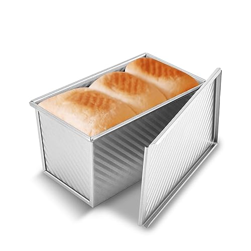 KITESSENSU Pullman Loaf Pan with Lid, 1 lb Dough Capacity Non-Stick Bakeware for Baking Bread, Carbon Steel Corrugated Bread Toast Box Mold with Cover for Baking Bread, Silver - Silver - Single Pack