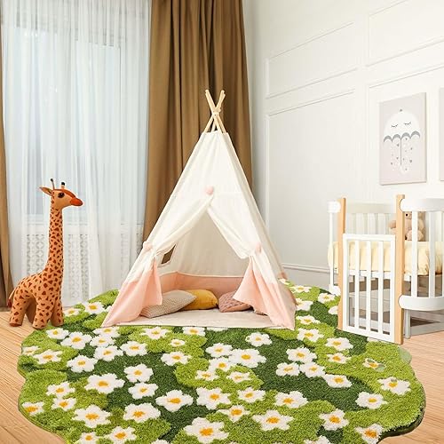 Moss Rug 3D Stereo Irregular Rug Nature Flowers Daisy Moss Rug for Living Room Bedroom Home Aesthetic Decor Floor Mat Indoor Floor Plush Shaggy Area Rug Anti-Slip Cute Rugs (moss B 47.2*49.2in) - Moss B 47.2*49.2in