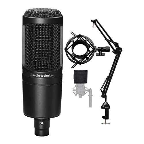 Audio-Technica AT2020 Cardioid Condenser Microphone Bundle with Desktop Boom Scissor Arm Mic Stand, Pop Filter for Medium-Sized Microphones, and Shock Mount (4 Items)